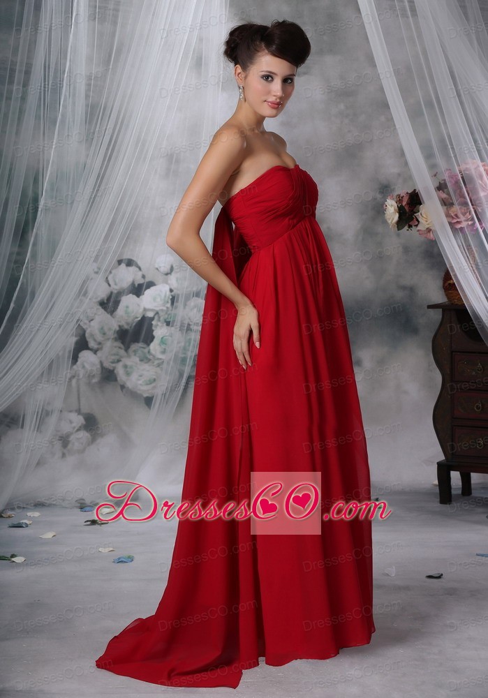 Red Empire Strapless Watteau Chiffon Ruched Prom Dress