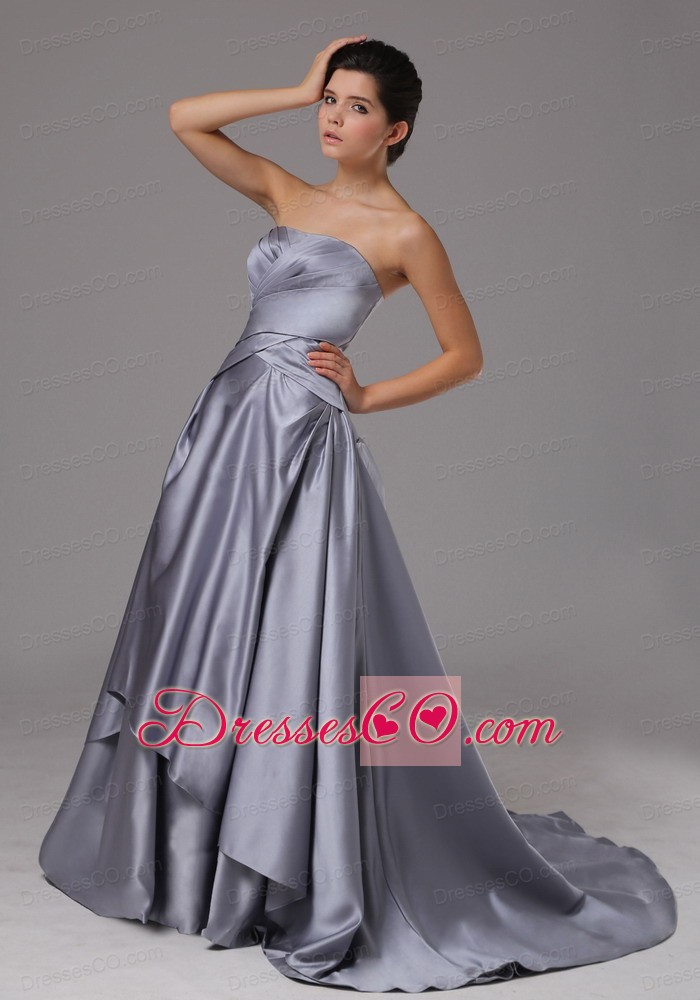 Strapless Elastic Woven Satin A-Line / Princess Brush/Sweep Prom Dress Ruched