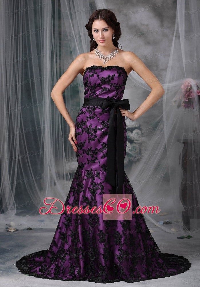 Black and Purple Mermaid Strapless Court Train Sash Taffeta and Lace Prom Dress