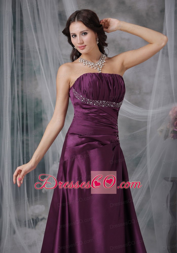 Dark Purple A-line / Princess Prom Dress Beading Brush Train Taffeta