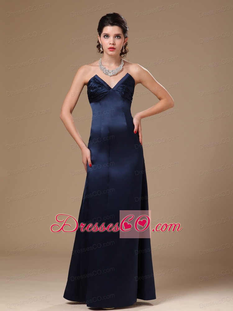 Navy Blue Satin Column V-neck Stylish Formal Evening Prom Gowns For Custom Made