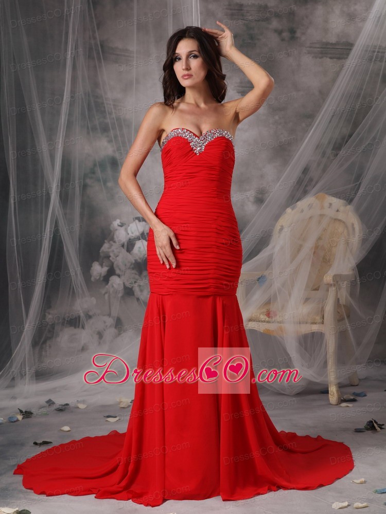 Elegant Red Mermaid / Trumpet Evening Dress Chiffon Beading Court Train