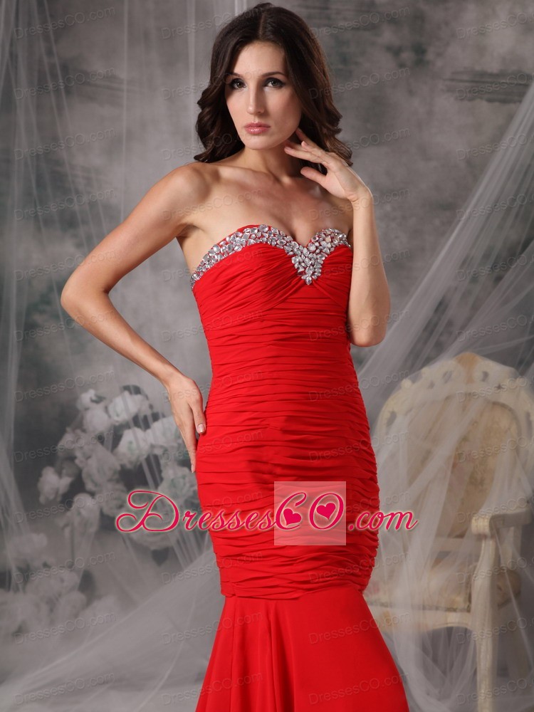 Elegant Red Mermaid / Trumpet Evening Dress Chiffon Beading Court Train