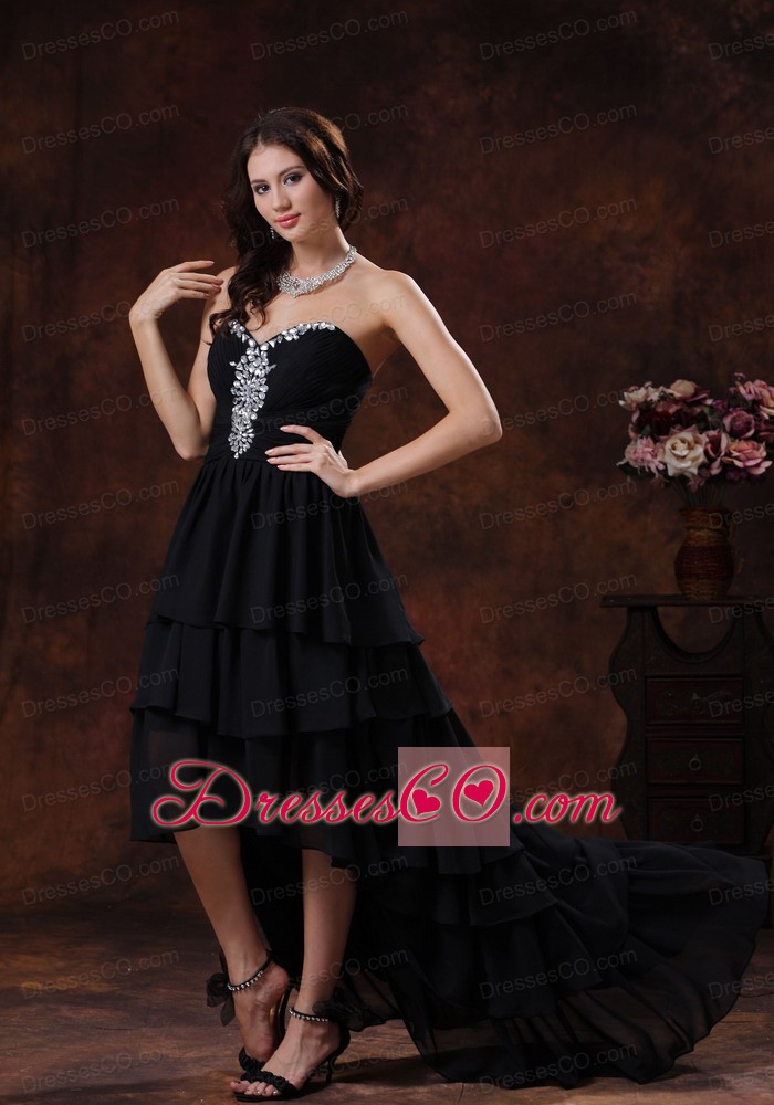 Black High-low Prom Dress With Chiffon Rhinestones Decorate