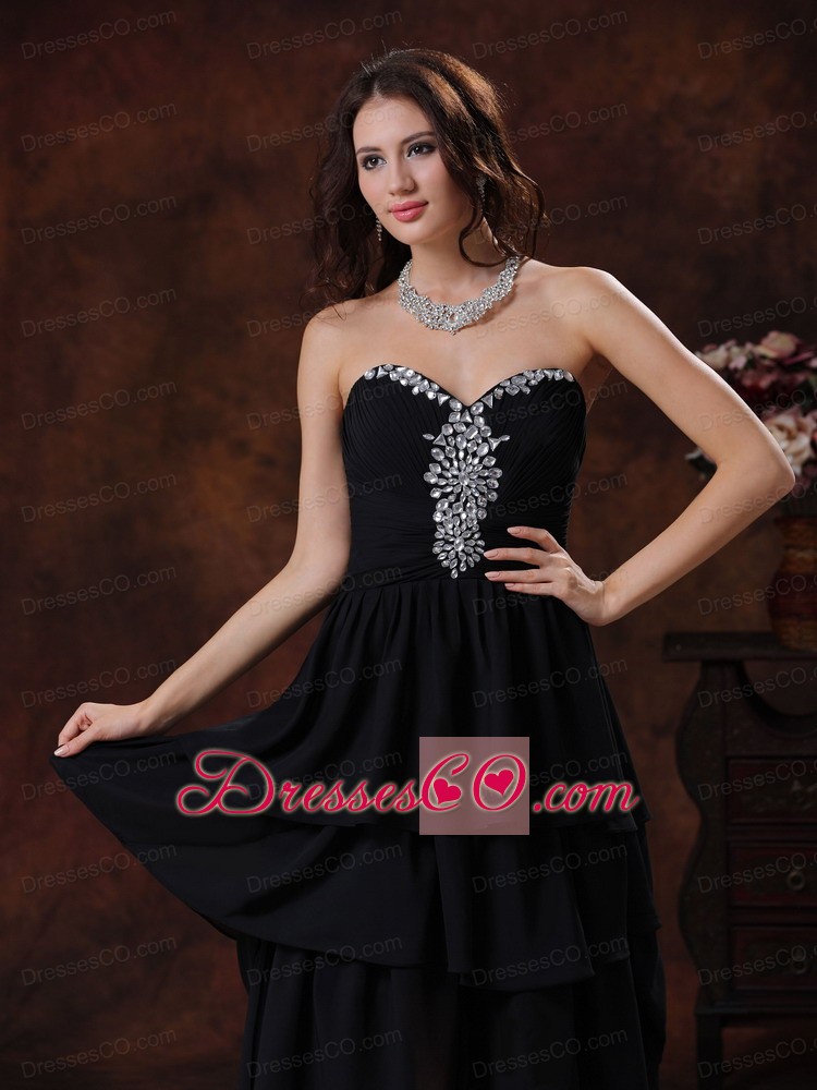 Black High-low Prom Dress With Chiffon Rhinestones Decorate