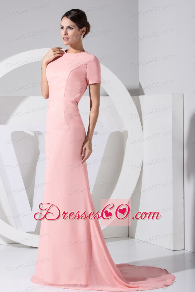 Beading Decorate Scoop Neckline Brush Train Light Pink Chiffon Prom Dress