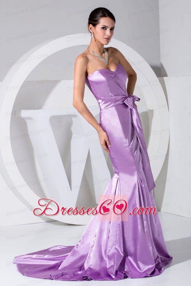 Lavender Taffeta Neckline Bowknot Mermaid Brush Train Prom Dress