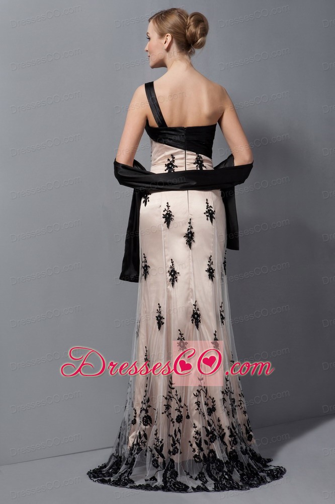 Beautiful Champagne Column Mother Of The Bride Dress One Shoulder Hand Made Flower Brush Train Tulle Lace