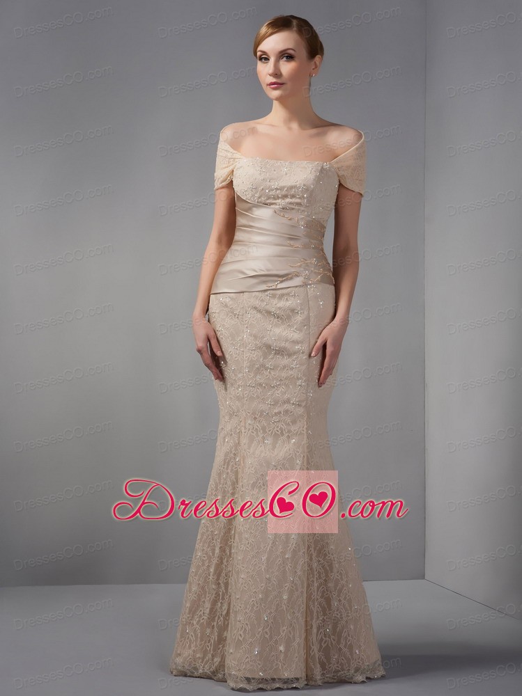 Unique Champagne Mermaid Prom Dress Off The Shoulder Beading Long Lace