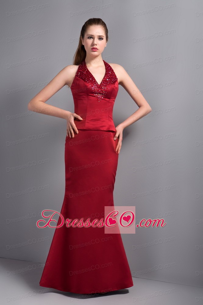 Popular Wine Red Satin Mermaid Halter Top Bridesmaid Dress with Beading