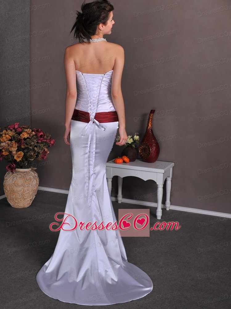 Lilac Column Strapless Brush Train Elastic Wove Satin Beading and Ruching Prom Dress