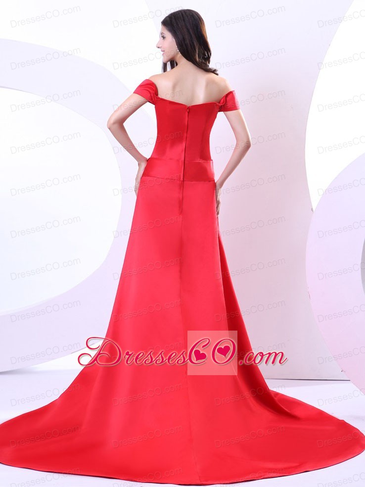 Off The Shoulder For Red Prom Dress With Bowknot and Brush Train