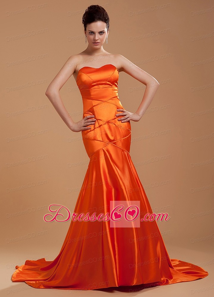 Beading Decorate Bodice Mermaid Orange Red Brush Train Neckline Prom Dress