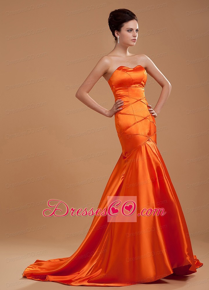Beading Decorate Bodice Mermaid Orange Red Brush Train Neckline Prom Dress