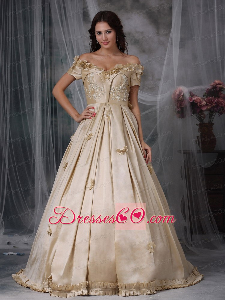 Champagne A-line Off The Shoulder Long Taffeta Hand Made Flowers Prom / Evening Dress