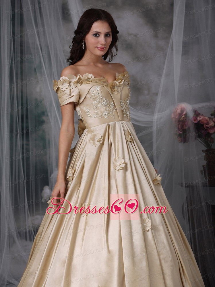 Champagne A-line Off The Shoulder Long Taffeta Hand Made Flowers Prom / Evening Dress