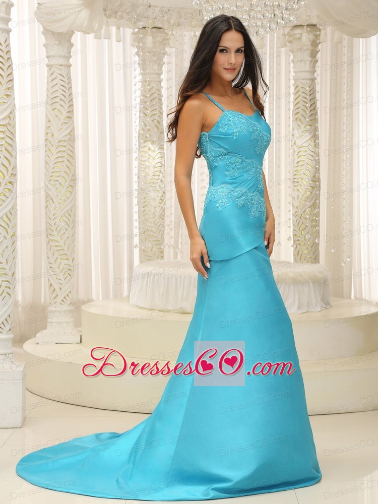 Aqua Blue Spaghetti Straps Plus Size Prom Dress For Celebrity Appliques Custom Made