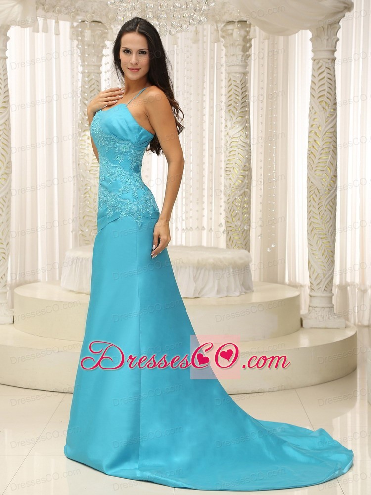 Aqua Blue Spaghetti Straps Plus Size Prom Dress For Celebrity Appliques Custom Made