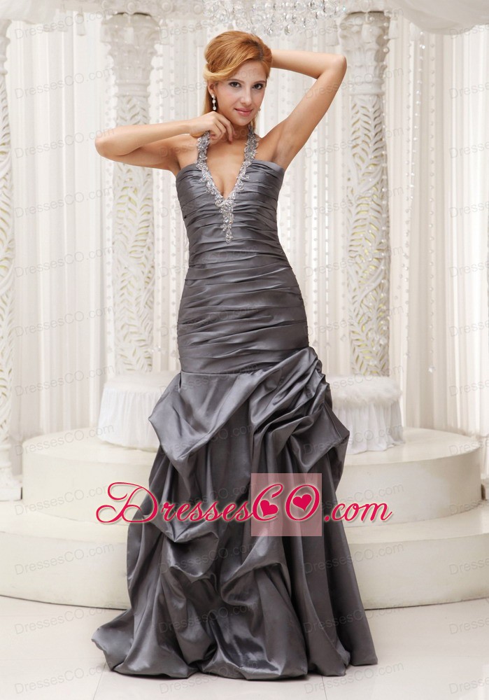 Beaded Decorate Halter Grey Column Mother Of The Bride Dress For Ruched Bodice Long Taffeta