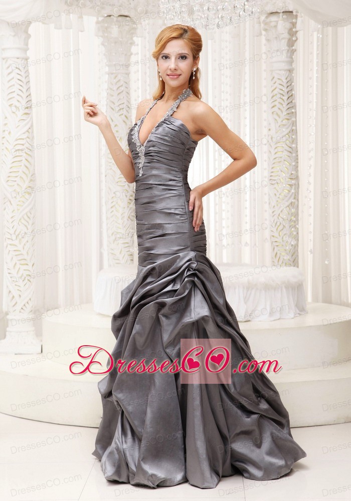 Beaded Decorate Halter Grey Column Mother Of The Bride Dress For Ruched Bodice Long Taffeta