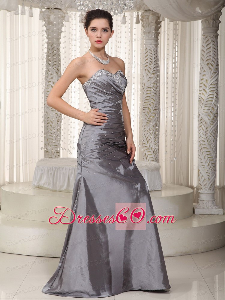 Gray Column Long Elastic Woven Satin Appliques And Beading Prom Dress