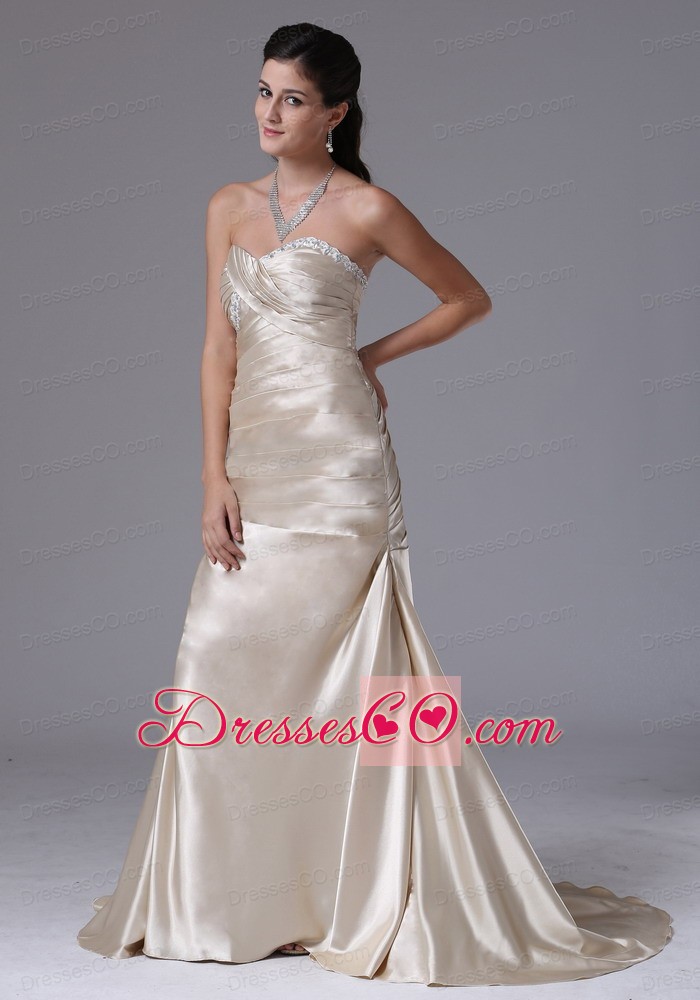 Customize Champagne Sheath Ruched Decorate Bust Prom Dress With Satin