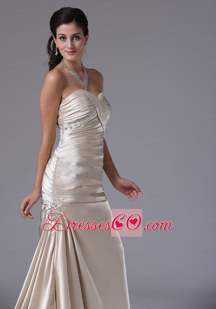 Customize Champagne Sheath Ruched Decorate Bust Prom Dress With Satin