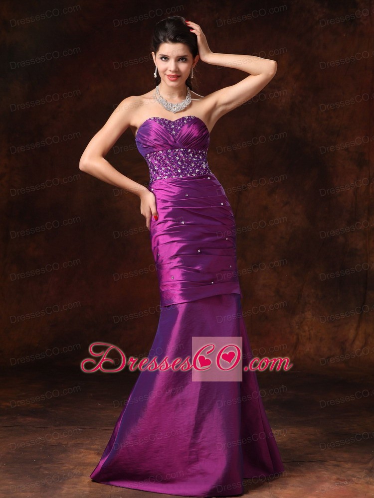 Purple Mermaid Beaded Decorate Waist Taffeta Formal Evening Prom Gowns For Custom Made