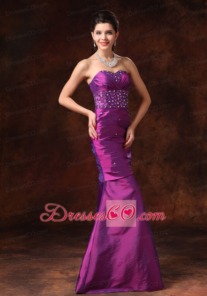Purple Mermaid Beaded Decorate Waist Taffeta Formal Evening Prom Gowns For Custom Made