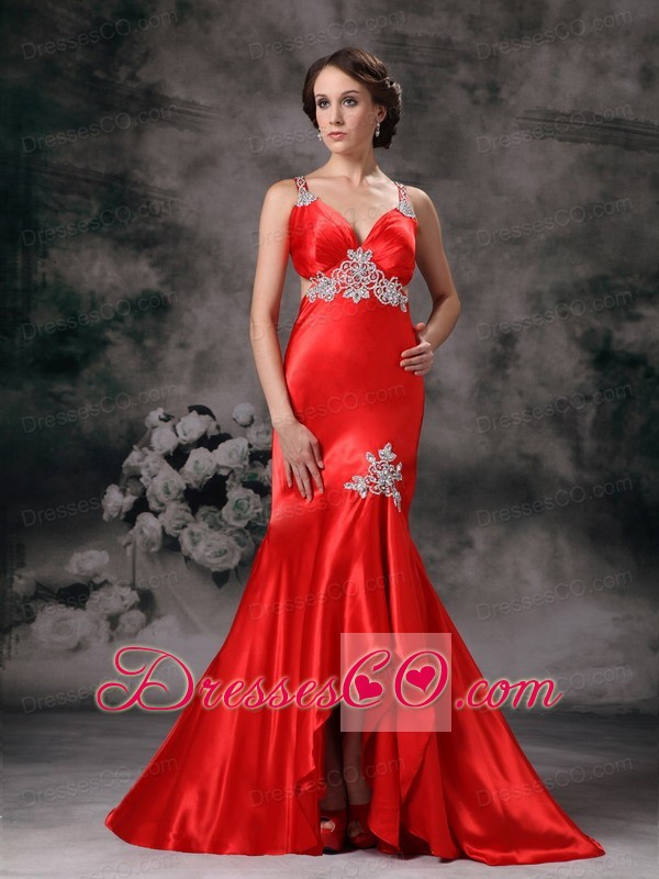 Customize Red High-low Strapless Evening Dress with Appliques