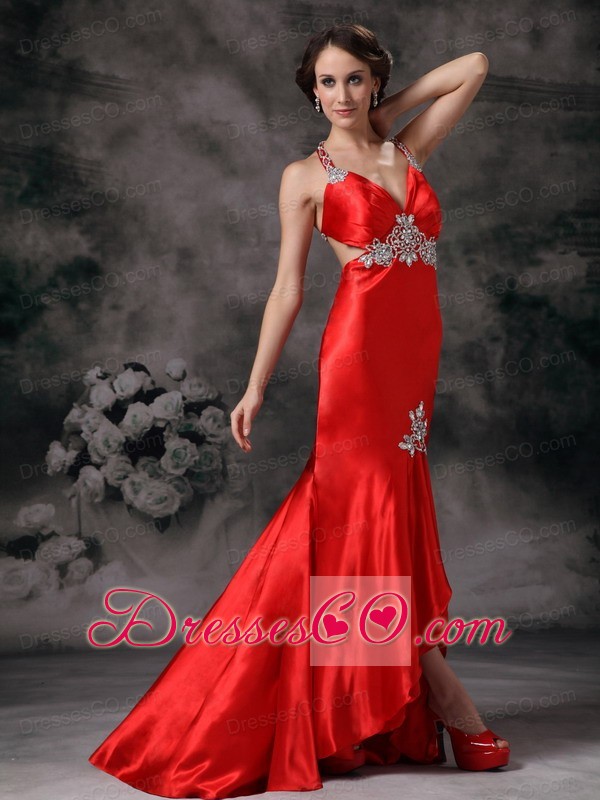 Customize Red High-low Strapless Evening Dress with Appliques