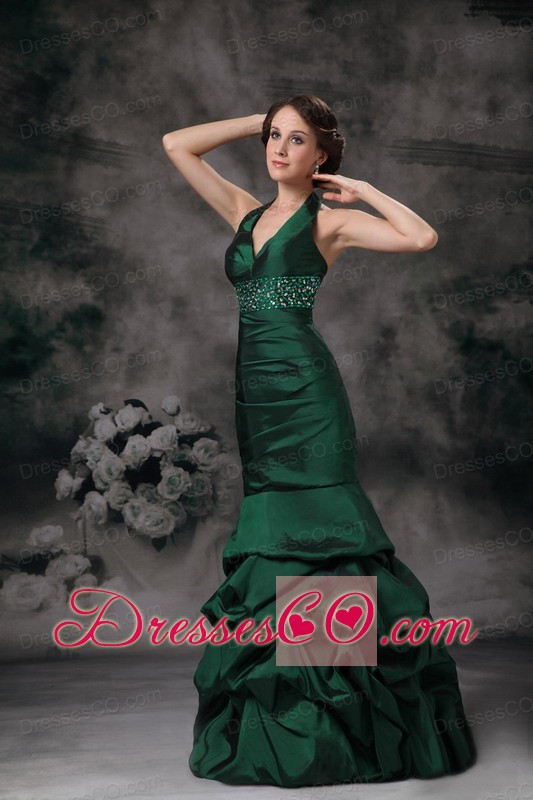 Exquisite Dark Green Mermaid Halter Evening Dress Taffeta Beading Long