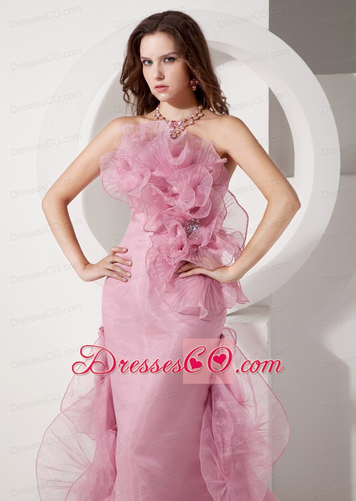 Exquisite Rose Pink Mermaid Evening Dress Strapless Organza Beading Brush Train