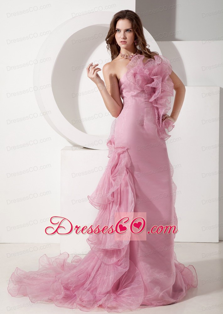 Exquisite Rose Pink Mermaid Evening Dress Strapless Organza Beading Brush Train