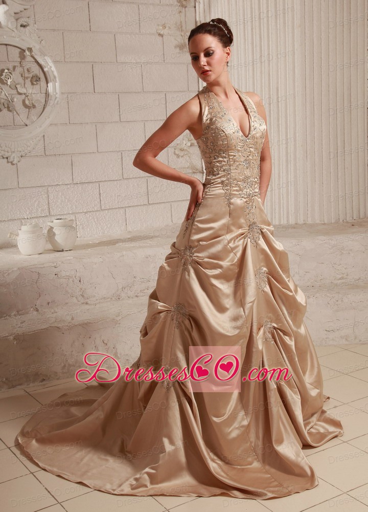 Halter Taffeta Champagne Appliques With Beading Custom Made Wedding Dress With Court Train