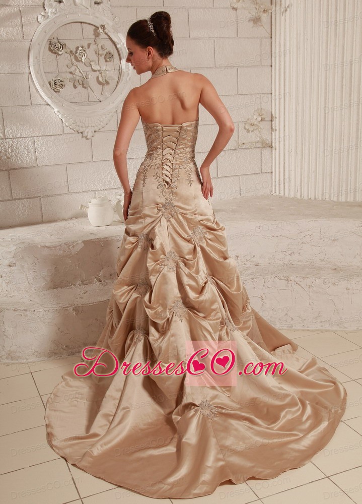 Halter Taffeta Champagne Appliques With Beading Custom Made Wedding Dress With Court Train
