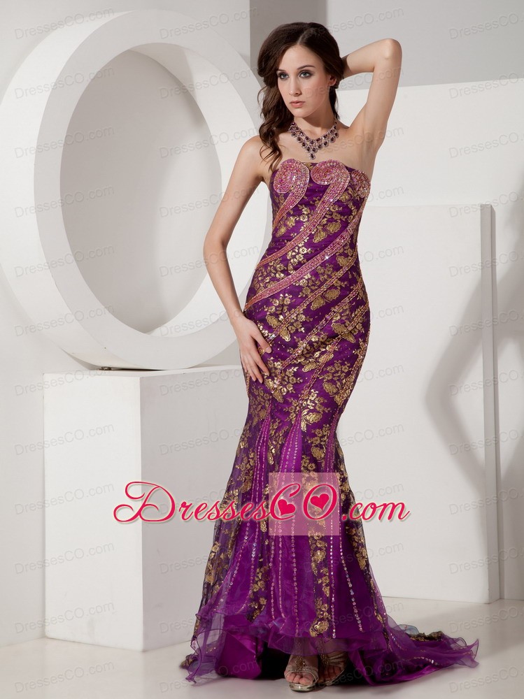 Customize Purple and Gold Trumpet / Mermaid Evening Dress Strapless Special Fabric Beading Court Train