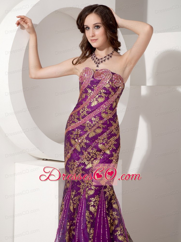 Customize Purple and Gold Trumpet / Mermaid Evening Dress Strapless Special Fabric Beading Court Train