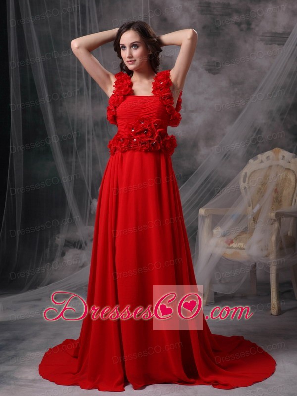 Modern Red A-line Square Evening Dress Chiffon Beading and Hand Made Flowers Court Train