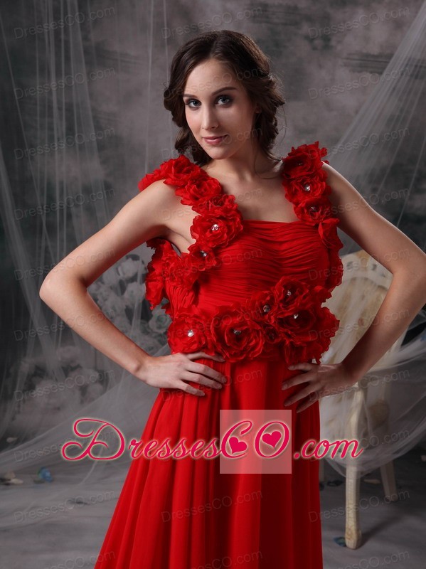 Modern Red A-line Square Evening Dress Chiffon Beading and Hand Made Flowers Court Train