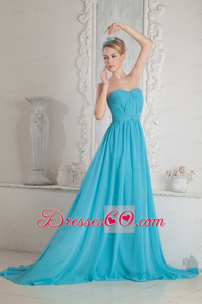Baby Blue A-line Ruching Prom Dress Court Train Chiffon