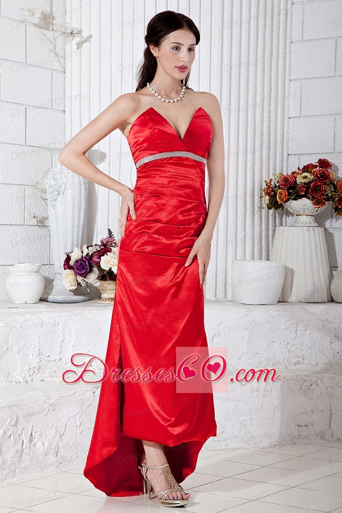 Red Column High-low Taffeta Beading Prom / Evening Dress