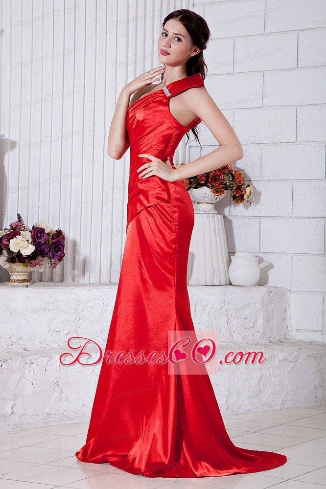 Red Mermaid One Shoulder Prom / Evening Dress Beading Brush Train Taffeta