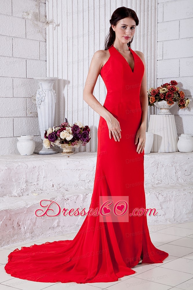 Red Empire Halter Prom / Evening Dress Brush Train Chiffon