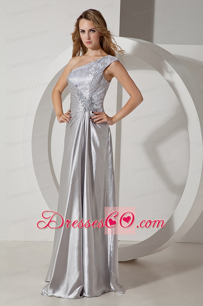 Silver Column One Shoulder Beading Prom Dress Long Taffeta
