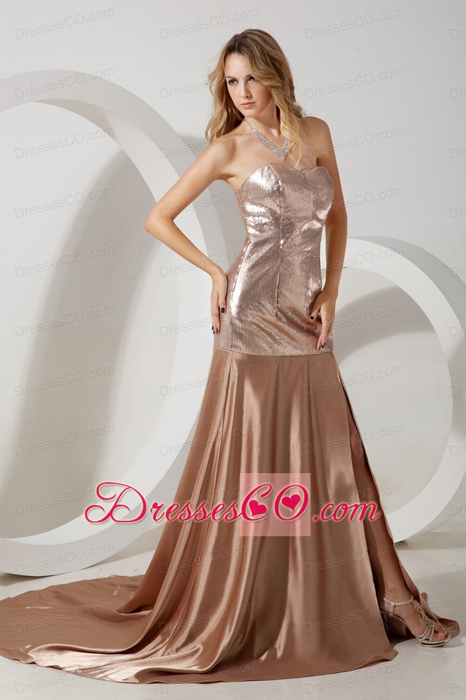 Champagne Empire Court Train Sequin and Elastic Woven Satin Prom / Evening Dress
