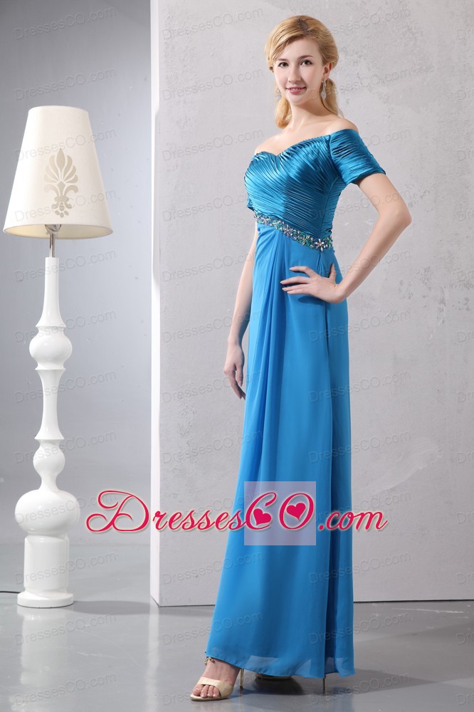 Sexy Sky Blue Column Off The Shoulder Beading Mother Of The Bride Dress Ankle-length Taffeta And Chiffon