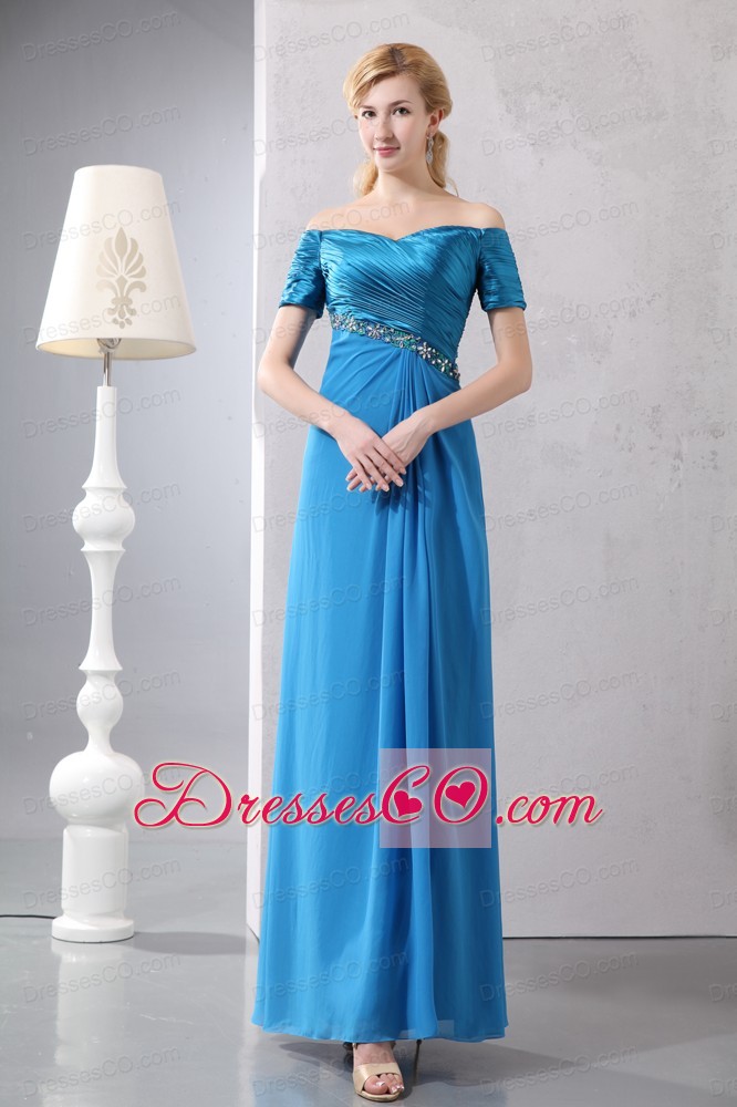 Sexy Sky Blue Column Off The Shoulder Beading Mother Of The Bride Dress Ankle-length Taffeta And Chiffon