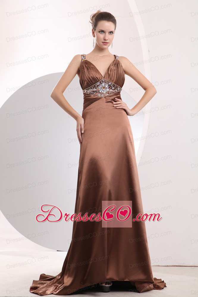 Sexy Brown Empire Straps Prom / Evening Dress Watteau Train Elastic Woven Satin Beading