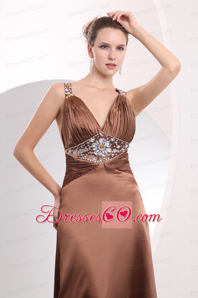 Sexy Brown Empire Straps Prom / Evening Dress Watteau Train Elastic Woven Satin Beading